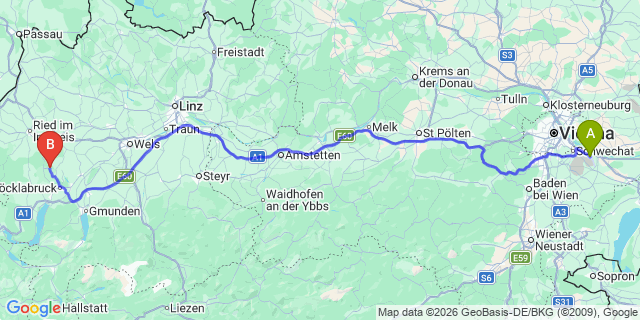 Map: Vienna Airport (VIE) to Zell am Pettenfirst