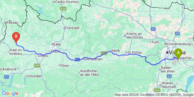 Map: Vienna Airport (VIE) to Zell an der Pram