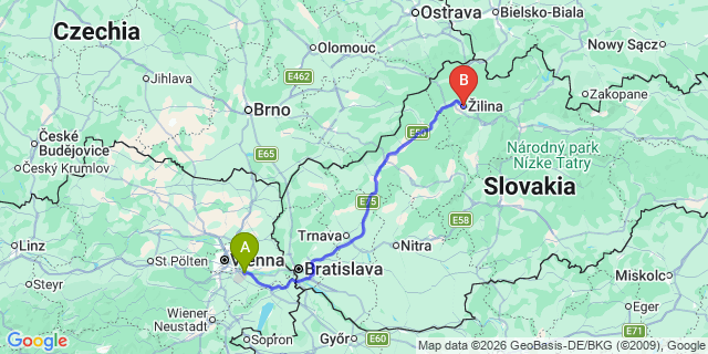 Map: Vienna Airport (VIE) to Zilina