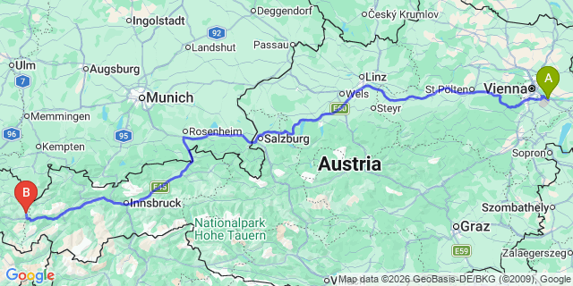 Map: Vienna Airport (VIE) to Zürs am Arlberg