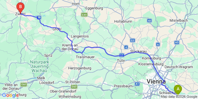 Map: Vienna Airport (VIE) to Zwettl