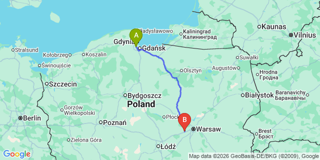 Map: Gdansk Airport (GDN) to Brzesko