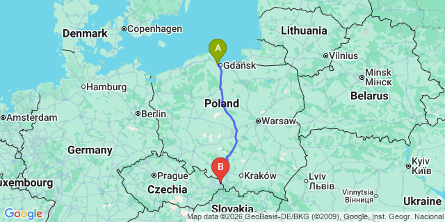 Map: Gdansk Airport (GDN) to Cieszyn
