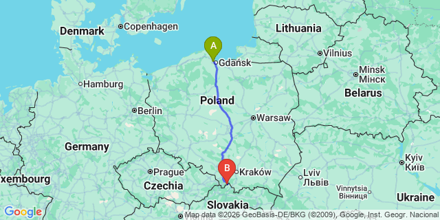 Map: Gdansk Airport (GDN) to Korbielow