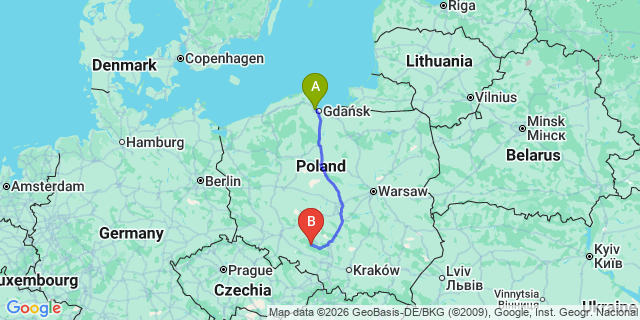 Map: Gdansk Airport (GDN) to Kosice (Poland)