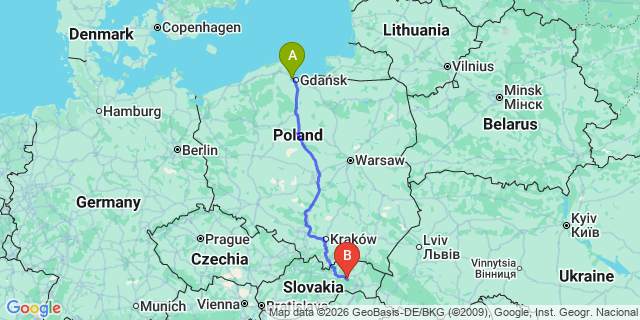 Map: Gdansk Airport (GDN) to Krompachy