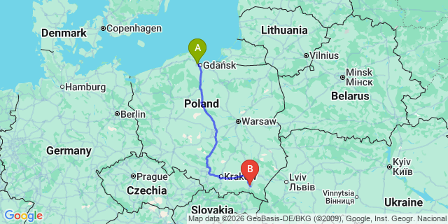 Map: Gdansk Airport (GDN) to Krosno