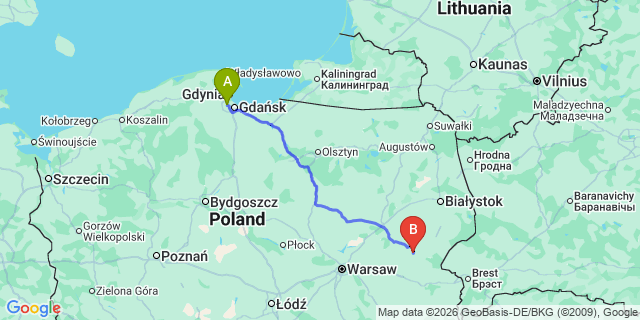 Map: Gdansk Airport (GDN) to Lublin