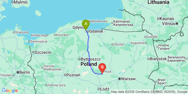 Map: Gdansk Airport (GDN) to Plock