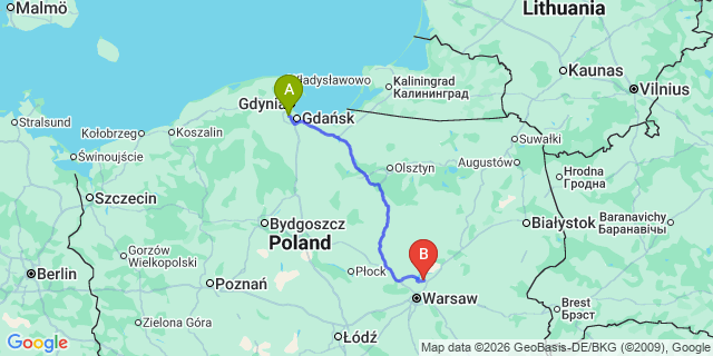 Map: Gdansk Airport (GDN) to Radom