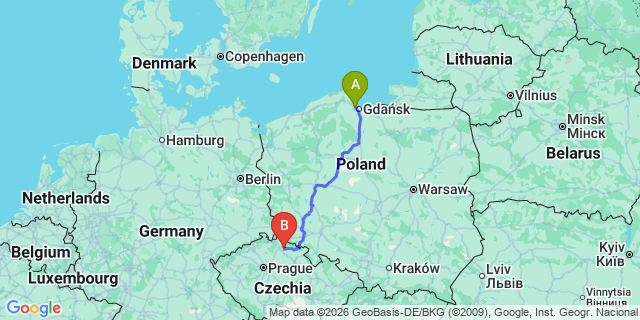 Map: Gdansk Airport (GDN) to Semily