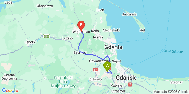 Map: Gdansk Airport (GDN) to Wejherowo