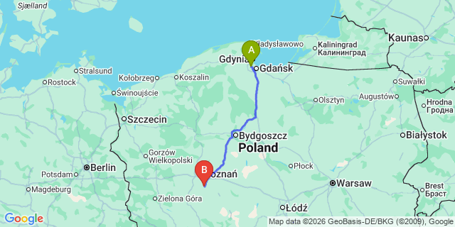 Map: Gdansk Airport (GDN) to Wroclaw