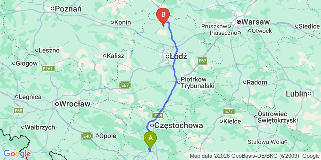 Map: Katowice Airport (KTW) to Belchatow
