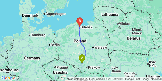 Map: Katowice Airport (KTW) to Gliwice