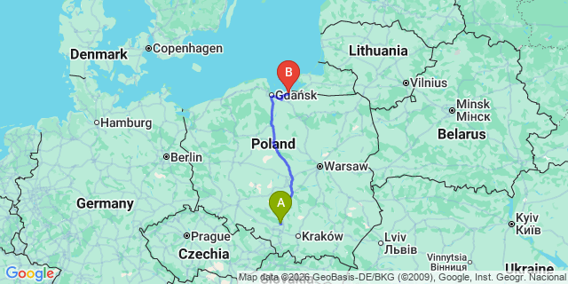 Map: Katowice Airport (KTW) to Lodz