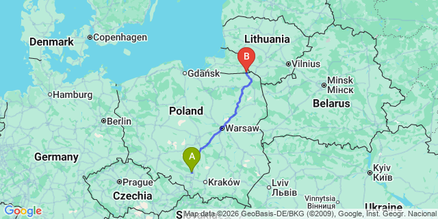 Map: Katowice Airport (KTW) to Lublin