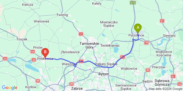 Map: Katowice Airport (KTW) to Pyskowice