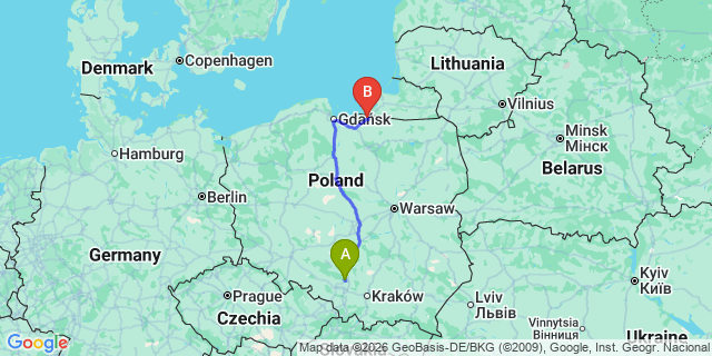 Map: Katowice Airport (KTW) to Rabka