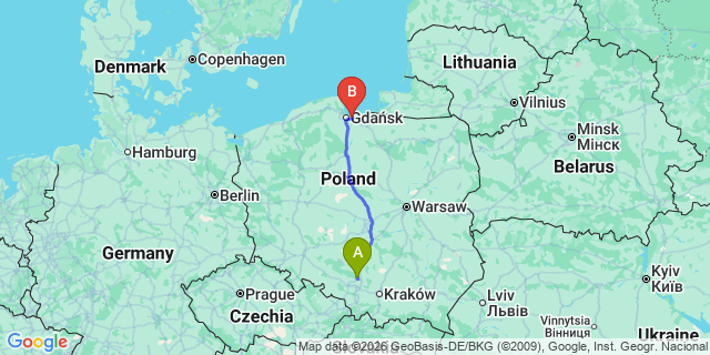 Map: Katowice Airport (KTW) to Wisla