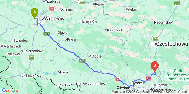 Map: Wroclaw Airport (WRO) to Czestochowa