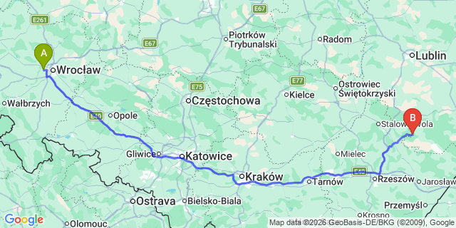Map: Wroclaw Airport (WRO) to Lublin