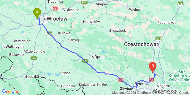 Map: Wroclaw Airport (WRO) to Szczyrk