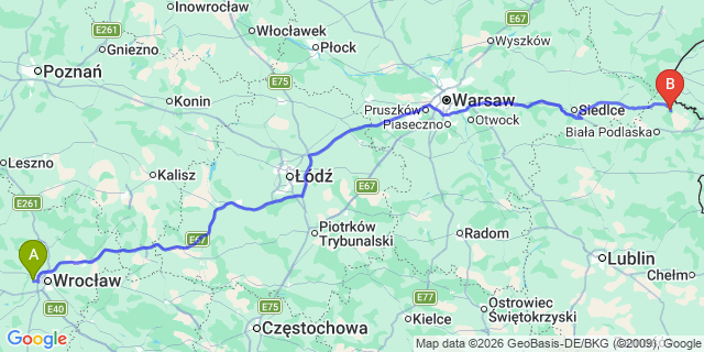 Map: Wroclaw Airport (WRO) to Zamosc