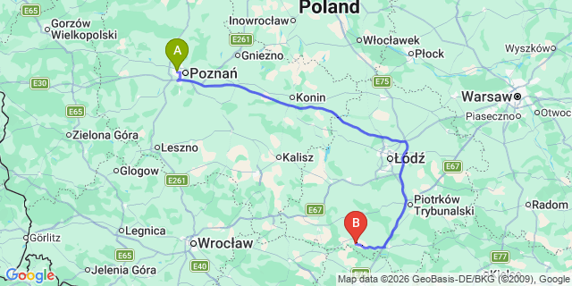 Map: Poznan Airport (POZ) to Katowice