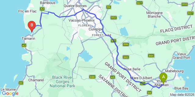 Map: Mauritius Airport (MRU) to Beach House Tamarin, Mauritius