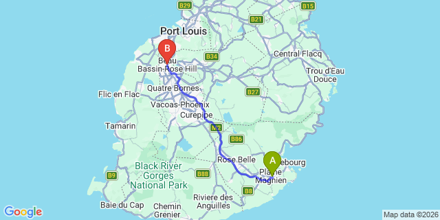 Map: Mauritius Airport (MRU) to Beau Bassin-Rose Hill
