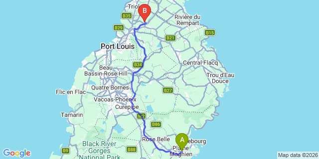 Map: Mauritius Airport (MRU) to Beau Plan Villas, Mauritius