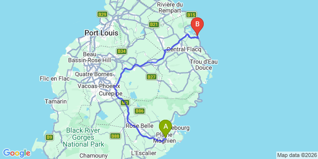 Map: Mauritius Airport (MRU) to Belle Mare Plage, Mauritius