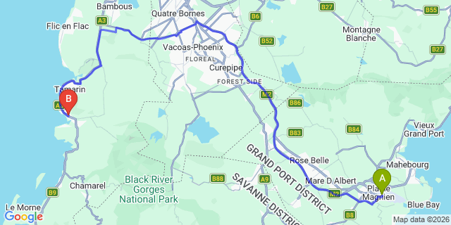 Map: Mauritius Airport (MRU) to Black River Villas, Mauritius