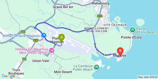 Map: Mauritius Airport (MRU) to Blue Bay