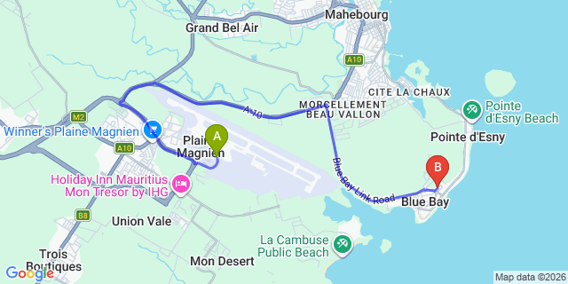 Map: Mauritius Airport (MRU) to Casa Mama Boutique Villas, Mauritius
