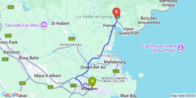 Map: Mauritius Airport (MRU) to Ferney Nature Lodge, Mauritius