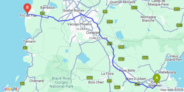Map: Mauritius Airport (MRU) to Flic en Flac Villas, Mauritius