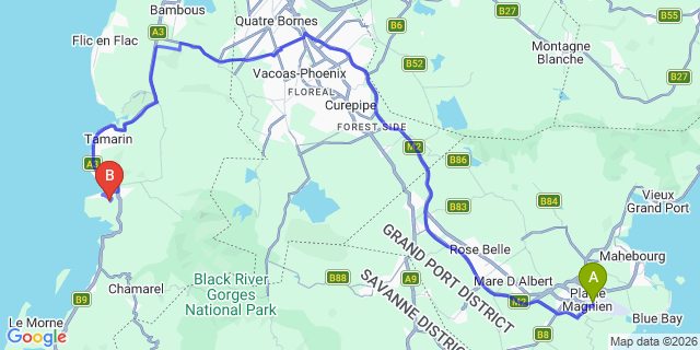 Map: Mauritius Airport (MRU) to Harmonie Beach Apartments, Mauritius