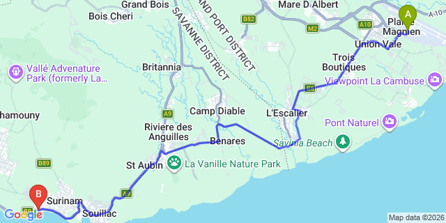 Map: Mauritius Airport (MRU) to Island Backpackers, Mauritius