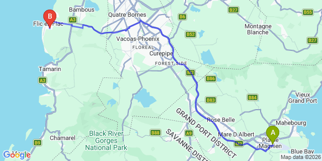 Map: Mauritius Airport (MRU) to Jasmins Villas, Mauritius