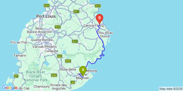 Map: Mauritius Airport (MRU) to L’Aquarelle Guest House, Mauritius