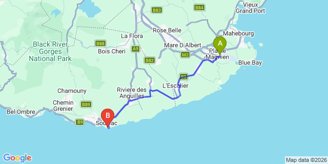 Map: Mauritius Airport (MRU) to La Falaise Guest House, Mauritius