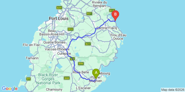Map: Mauritius Airport (MRU) to La Vedette Beach Hotel, Mauritius