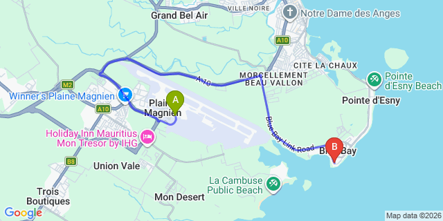 Map: Mauritius Airport (MRU) to Lagoon Beach Apartments, Mauritius