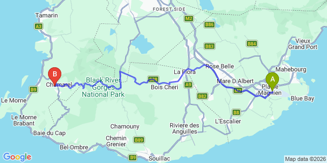 Map: Mauritius Airport (MRU) to Lakaz Chamarel Exclusive Lodge, Mauritius