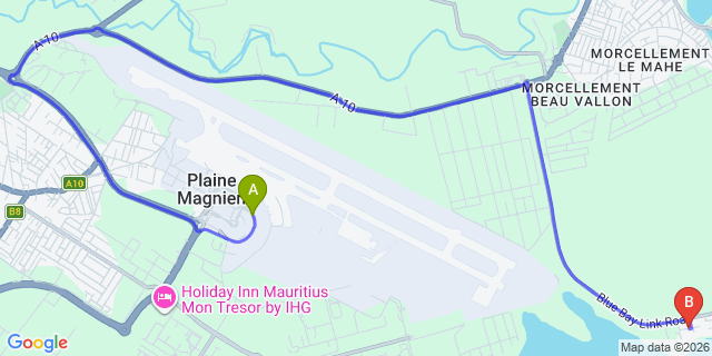 Map: Mauritius Airport (MRU) to Le Parc Hotel, Mauritius