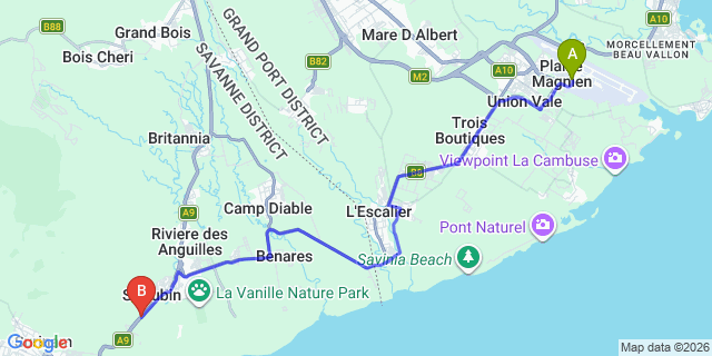 Map: Mauritius Airport (MRU) to Le Saint Aubin Hotel, Mauritius