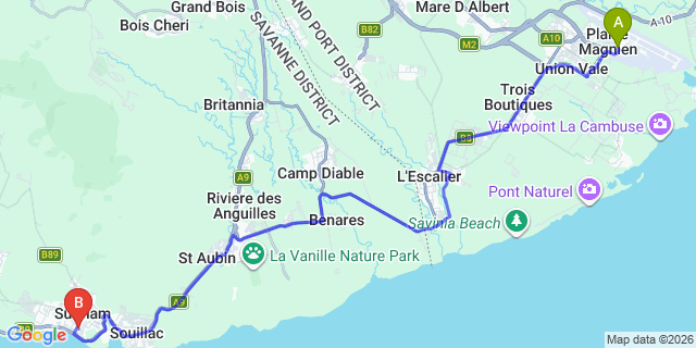 Map: Mauritius Airport (MRU) to Les Filaos Villas, Mauritius
