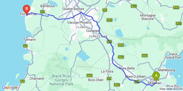 Map: Mauritius Airport (MRU) to Les Orchidées, Mauritius